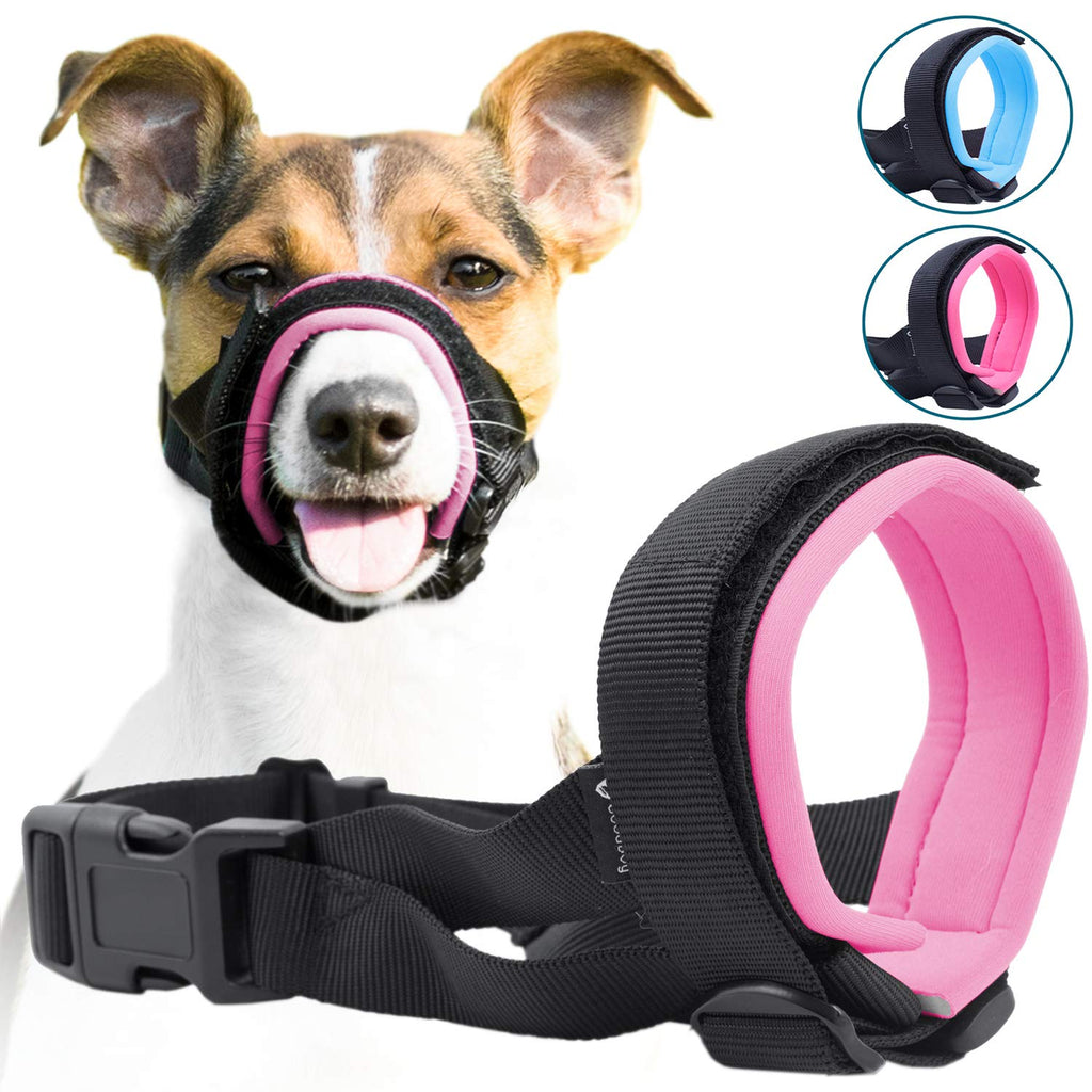 [Australia] - Gentle Muzzle Guard for Dogs - Prevents Biting Unwanted Chewing Safely Secure Comfort Fit - Soft Neoprene Padding – No More Chafing – Included Training Guide Helps Build Bonds Pet Medium Pink 