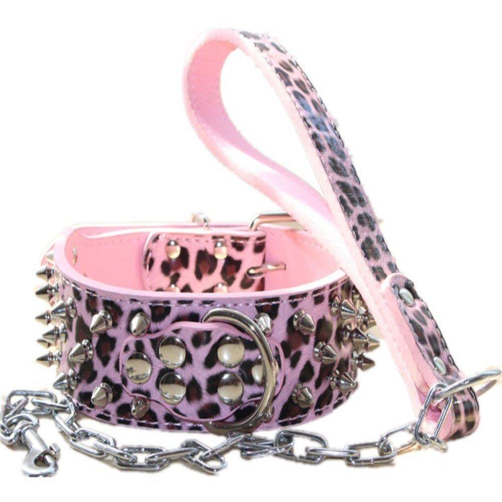 [Australia] - Avenpets Spiked Studded Leather Dog Pet Collar Leash 2Pcs Set Walking Pitbull Boxer for Medium Large Dogs S Pink Leopard 