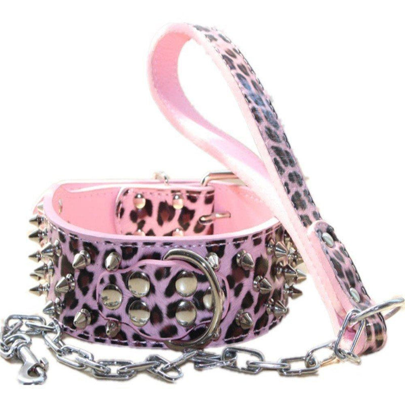 [Australia] - Avenpets Spiked Studded Leather Dog Pet Collar Leash 2Pcs Set Walking Pitbull Boxer for Medium Large Dogs S Pink Leopard 