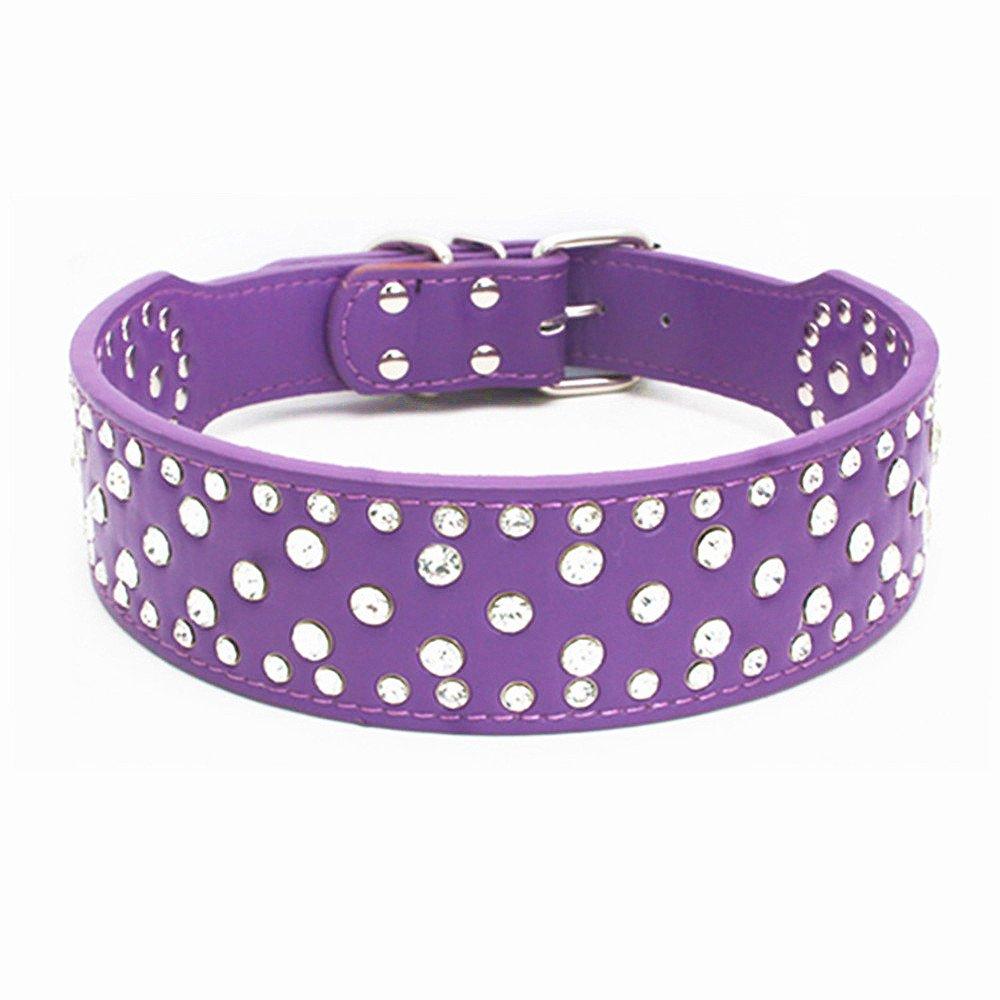 [Australia] - BTDCFY Rhinestones Dog Collars-2" Width Bling Crystal Diamond Studded Dog Collar PU Leather Pet Collar for Medium & Large Dogs XS(Neck 15"-18") purple 