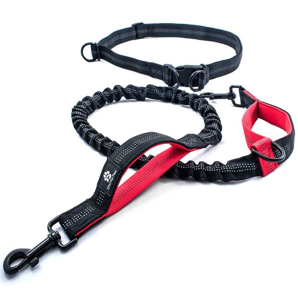 [Australia] - CHUNKY PAW Hands Free Dog Leash for Running, Walking, Hiking, Jogging,Training for Medium and Large Dogs up to 150 lbs, Durable Dual Handle Waist Leash with Reflective Bungee and Adjustable Waist Belt Black with Red 