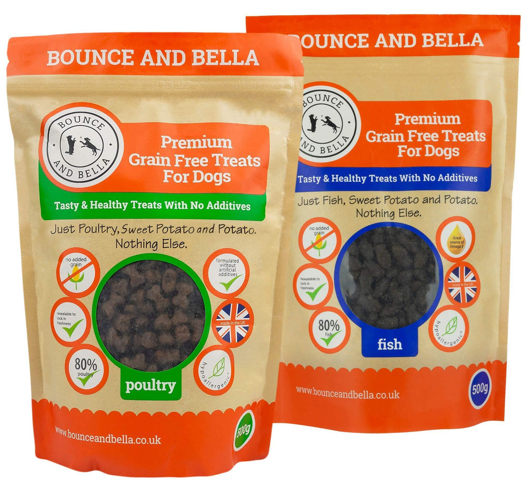 Bounce and Bella Grain Free Training Treats made with Freshly Prepared Ingredients (1 Poultry & 1 Fish, 2 Pack 1000g) - PawsPlanet Australia