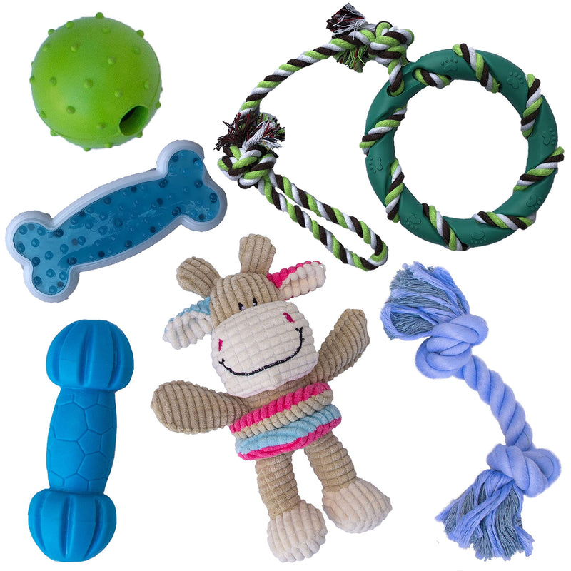 rocket & rex Dog Toy Pack, Chew Toys for Small Dogs and Dog Toys for Puppies, Safe & Non-Toxic, for Small to Medium Breeds, Includes Rope Toys, Plush Squeaky Toy, Ball and Tug of War Toy Cow Chew Toy Set - PawsPlanet Australia