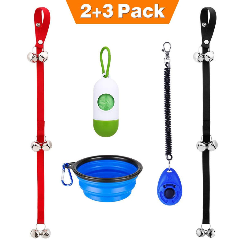[Australia] - Manfiter Dog Doorbell for Potty Training with Collapsible Dog Bowl and Dog Clicker and Potty Waste Bag Dispenser with 15 Count Bags, Bells for Puppy Training 5 Pack 