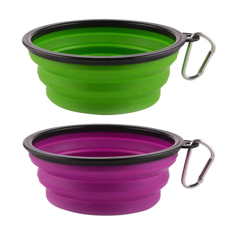 Large Collapsible Dog Bowls, 34oz Portable Foldable Travel Water Bowl Food Dishes with Carabiner Clip for Traveling, Hiking, Walking, 2 Pack ( Purple+Green ) - PawsPlanet Australia