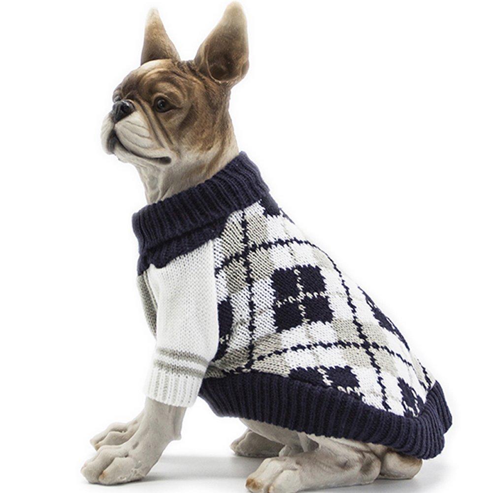 BOBIBI Dog Sweater of The Diamond Plaid Pet Cat Winter Knitwear Warm Clothes,Navy,XS X-Small(Back Length 8") Navy - PawsPlanet Australia