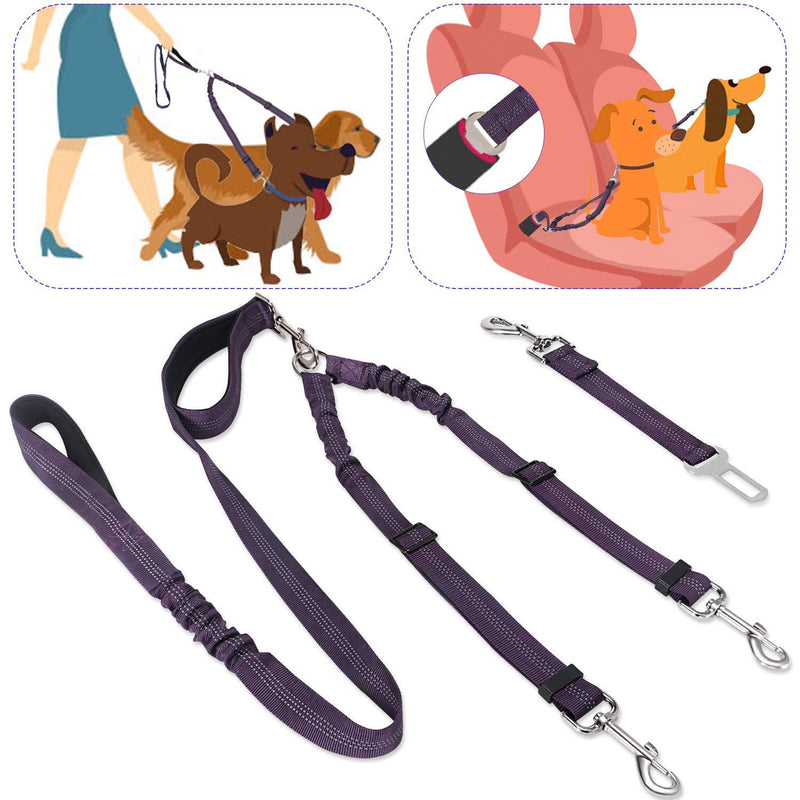 [Australia] - SlowTon 2 in 1 Double Dog Leash + Car Seat Belt, 360° Swivel Dual Dog Lead and Vehicle Safety Seat Belt with Elastic Bungee and Reflective Stripe for Two Pets Purple 