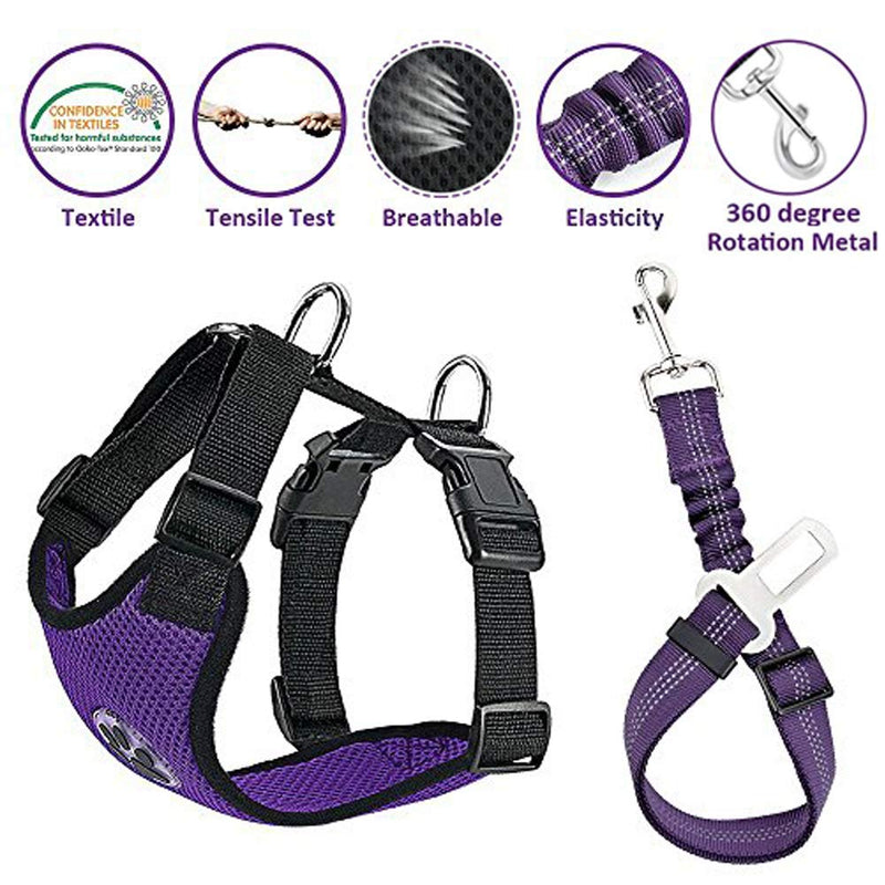 [Australia] - Lukovee Dog Safety Vest Harness with Seatbelt, Dog Car Harness Seat Belt Adjustable Pet Harnesses Double Breathable Mesh Fabric with Car Vehicle Connector Strap for Dog Medium Purple Seatbelt 