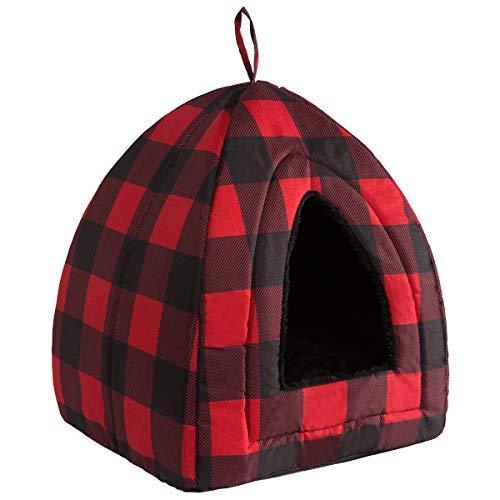 [Australia] - Hollypet Self-Warming 2 in 1 Foldable Comfortable Triangle Cat Bed Tent House, Red Checked 