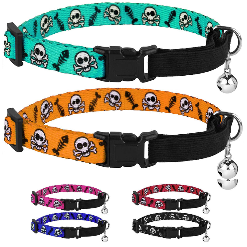 CollarDirect Skull Cat Collar Breakaway with Bell Pack of 2 PCS, Adjustable Kitten Collar for Cats Safety Elastic Strap Black Pink Orange Green Blue Red Green/Orange - PawsPlanet Australia