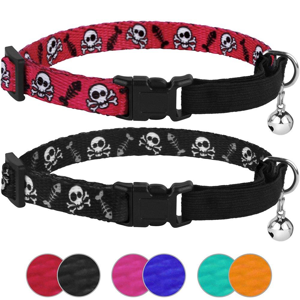 [Australia] - CollarDirect Skull Cat Collar Breakaway with Bell Pack of 2 PCS, Adjustable Kitten Collar for Cats Safety Elastic Strap Black Pink Orange Green Blue Red Red/Black 