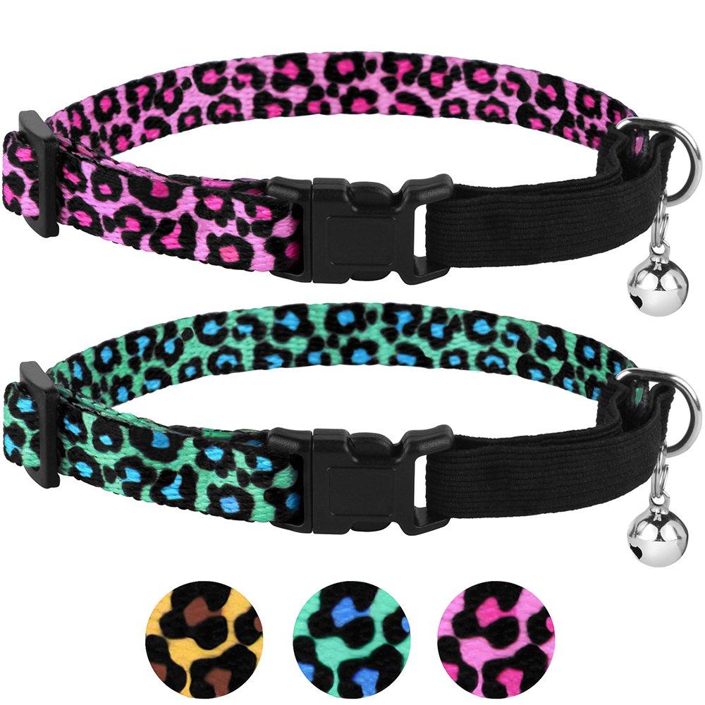 [Australia] - CollarDirect Breakaway Cat Collar with Leopard Print Pack of 2 PCS, Safety Kitten Collar for Cats with Bell and Elastic Strap, Adjustable Size 7-11 Inch Pink/Green 