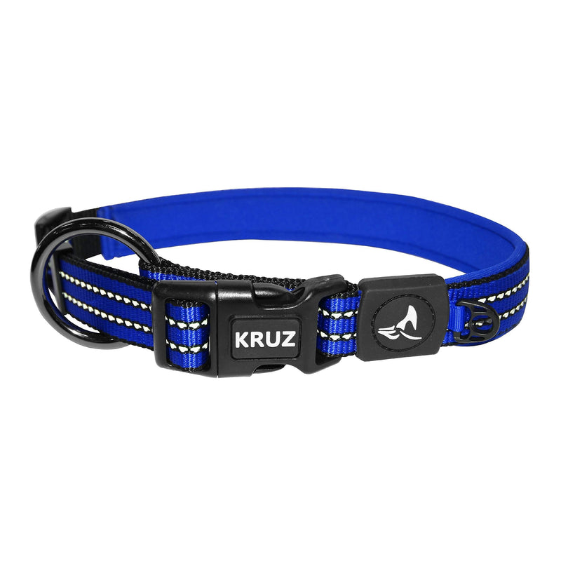 [Australia] - Kruz Heavy Duty O-Ring Reflective Dog Collar for Small, Medium, Large Dogs - KZV006 - Soft Comfortable Neoprene Padding - 100% Nylon Durable, Adjustable Pet Collar - Walking, Running, Training Blue 
