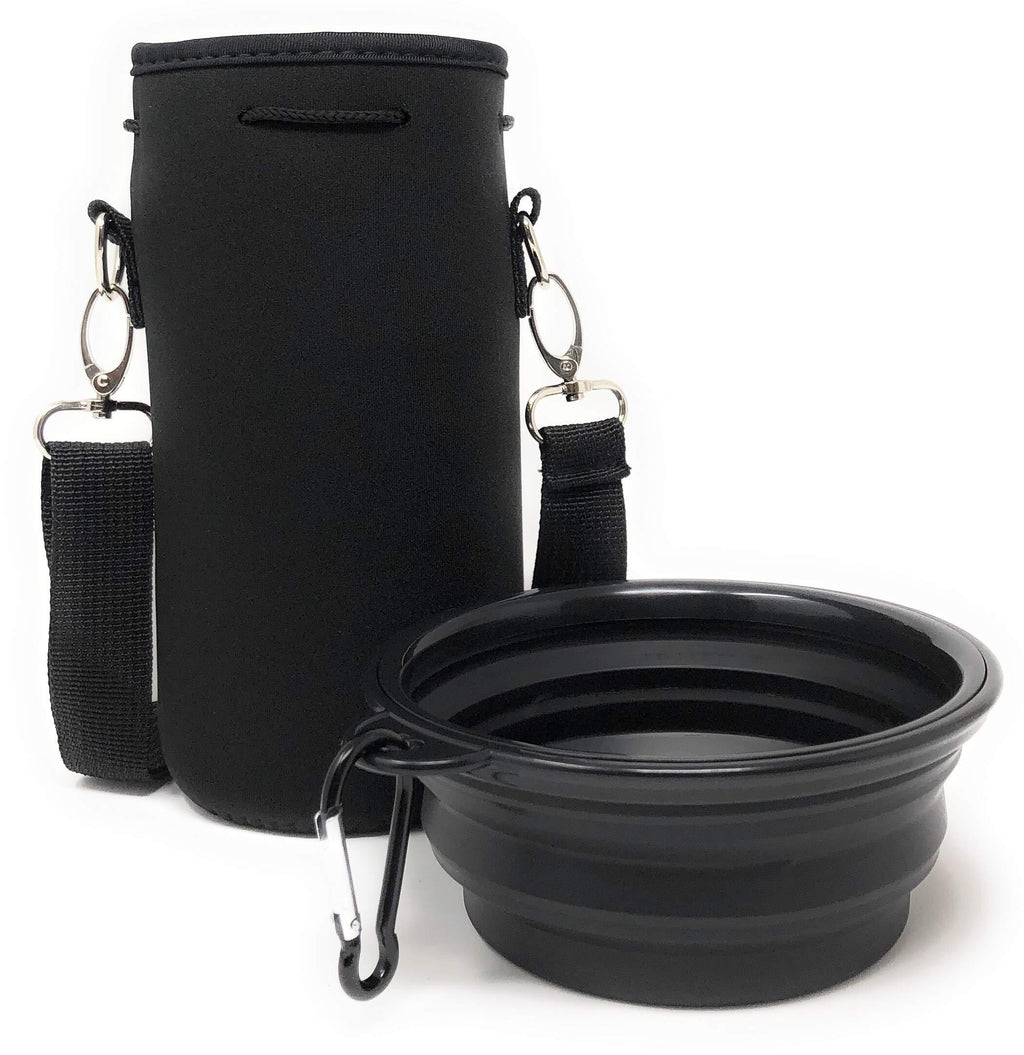 [Australia] - Made Easy Kit Collapsible Dog Bowl, Foldable Expandable Cup Dish with Neoprene Insulated Water Bottle Holder Carrier for (1-1.5L) Containers Standard BLACK 