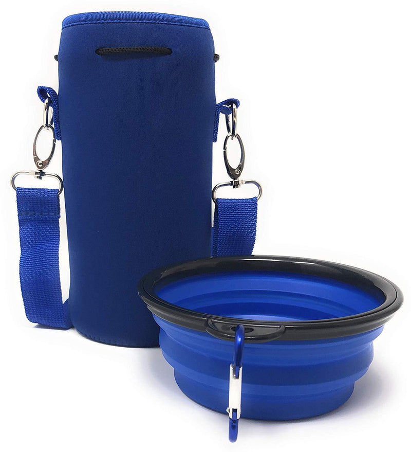 [Australia] - Made Easy Kit Collapsible Dog Bowl, Foldable Expandable Cup Dish with Neoprene Insulated Water Bottle Holder Carrier for (1-1.5L) Containers Standard BLUE 