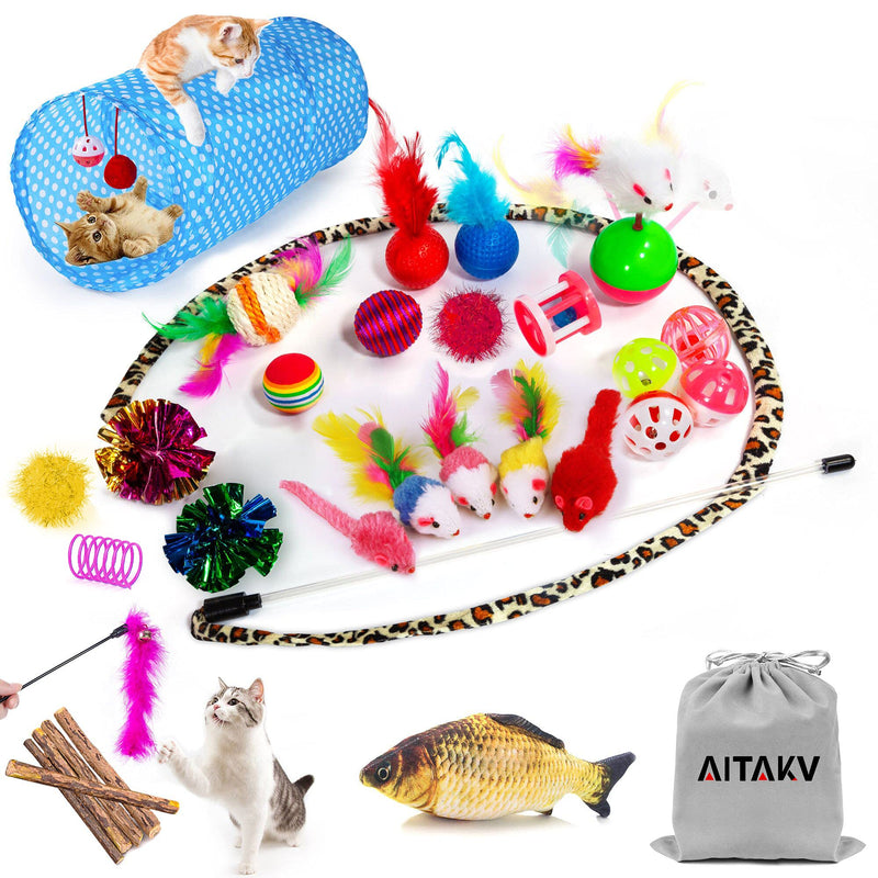 31 PCS Cat Toys Kitten Toys Assortments,Variety Catnip Toy Set Including 2 Way Tunnel,Cat Feather Teaser,Catnip Fish,Mice,Colorful Balls and Bells for Cat,Puppy,Kitty - PawsPlanet Australia