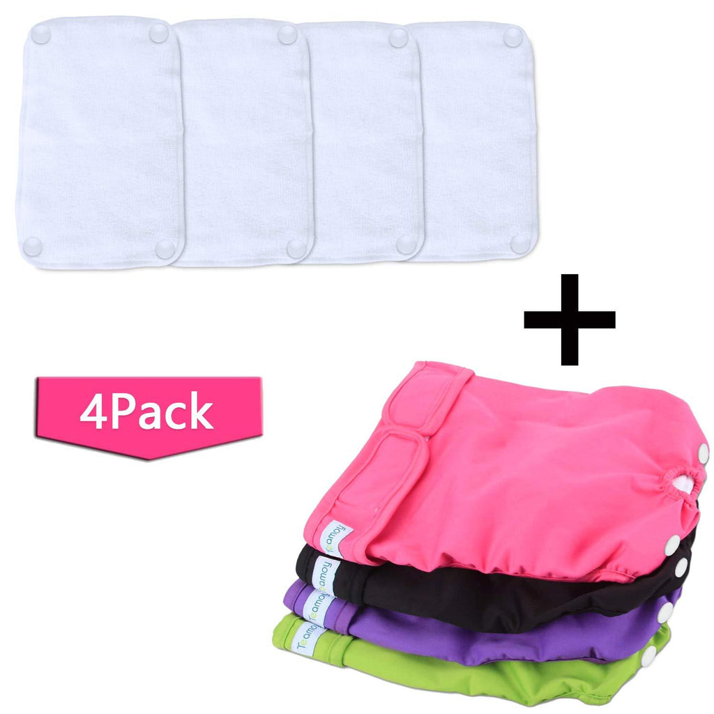 [Australia] - Teamoy Reusable Female Dog Diapers with Removable Pads(Pack of 4), Washable Doggie Diaper Wraps for Female Dogs, Super-Absorbent, Comfortable and Stylish M(Fit 14"-20" Waist) Black+ Purple+ Green+ Rose Red (4pcs) 