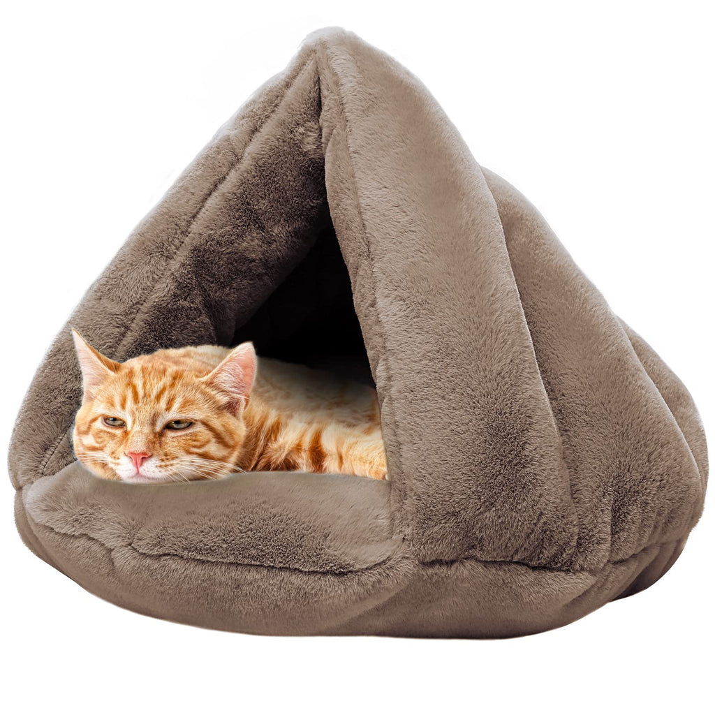 MeiLiMiYu Cozy Plush Cat Cave Tent Bed Self Warming Pet Bed Washable Portable Sleeping Bag for Indoors Cats and Puppy (Brown) - PawsPlanet Australia