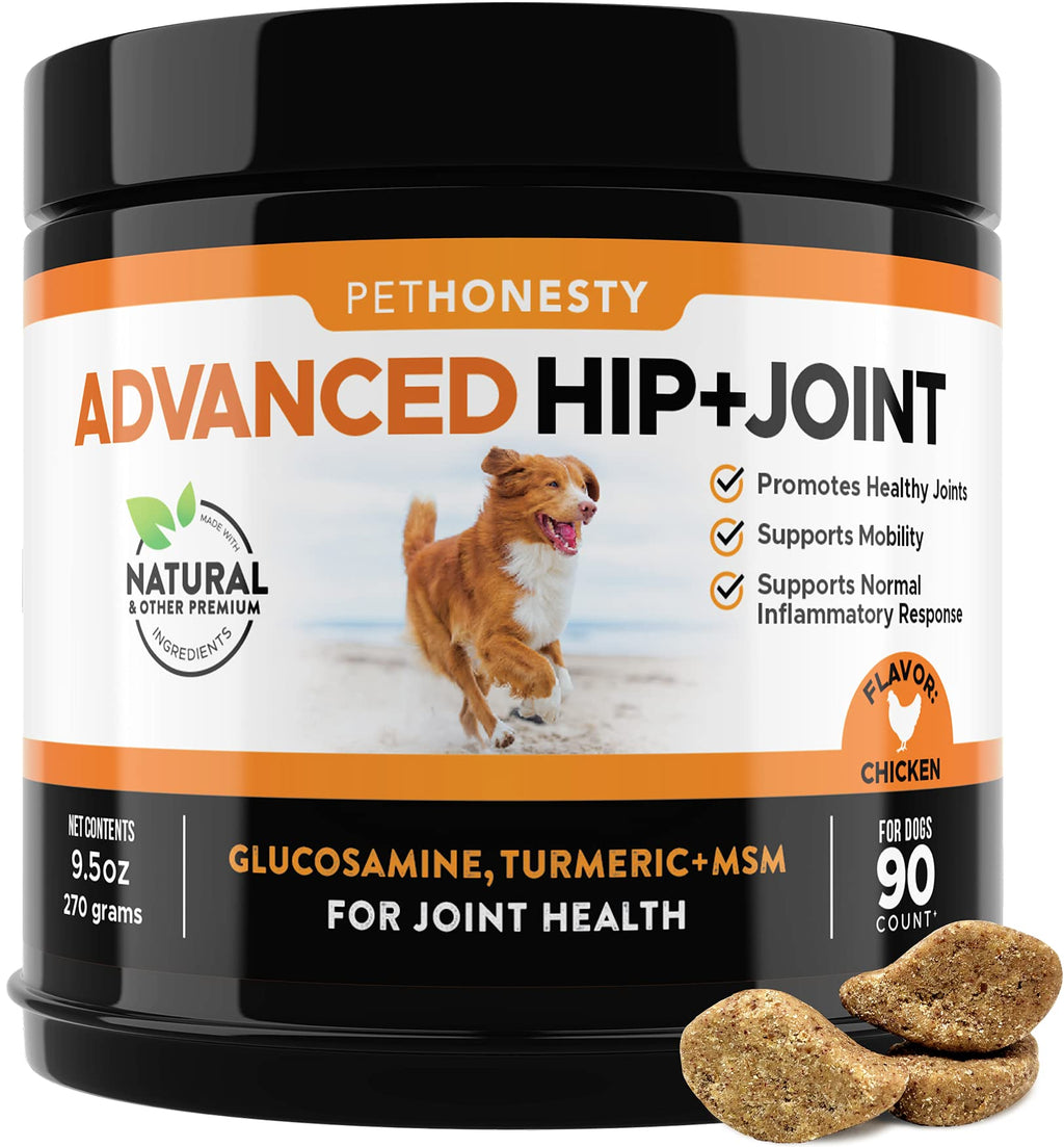 PetHonesty Advanced Hip & Joint - Dog Joint Supplement Support for Dogs with Glucosamine Chondroitin, MSM, Turmeric - Glucosamine for Dogs Soft Chews - Pet Joint Support and Mobility - 90 ct Chicken Single - PawsPlanet Australia
