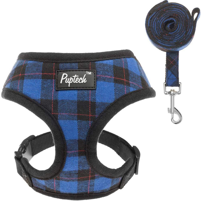 [Australia] - PUPTECK Soft Mesh Dog Harness with Leash - Plaid Adjustable Puppy No Pull Harnesses - Pet Padded Walking Vest S Blue 