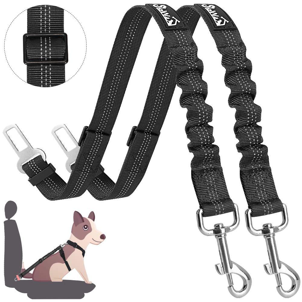 [Australia] - SlowTon Dog Seat Belt, 2 Pack Adjustable Pet Car Seatbelt Elastic Bungee Buffer Heavy Duty Reflective Nylon Safety Belt Connect to Dog Harness in Vehicle Travel Daily Use Black 