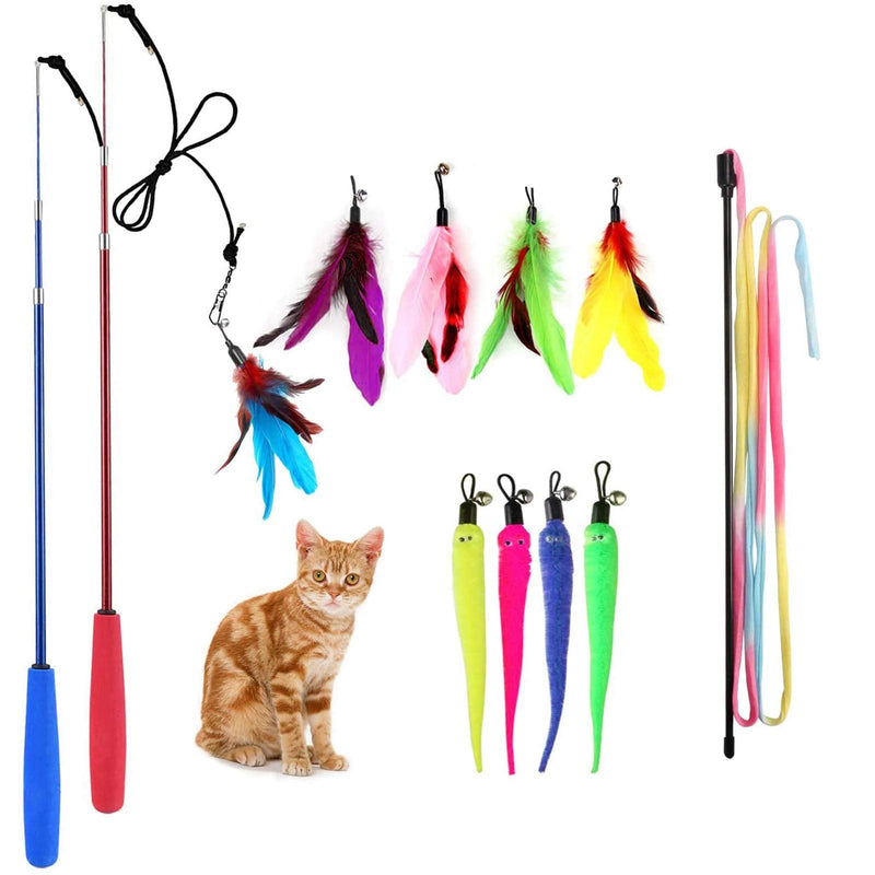 M JJYPET Retractable Cat Wand Toys,12 Packs Interactive Cat Feather Toy,9 Assorted Teaser Refills with Bell for Cat,Kitten - PawsPlanet Australia