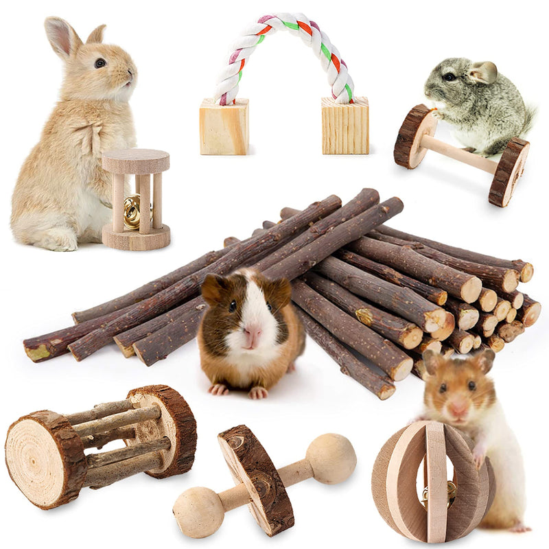 JanYoo Guinea Pig Toys Chinchilla Hamster Roller Rat Chews Toys Bunny Rabbits Bird Exercise Molar Wooden (Pack of 7) - PawsPlanet Australia