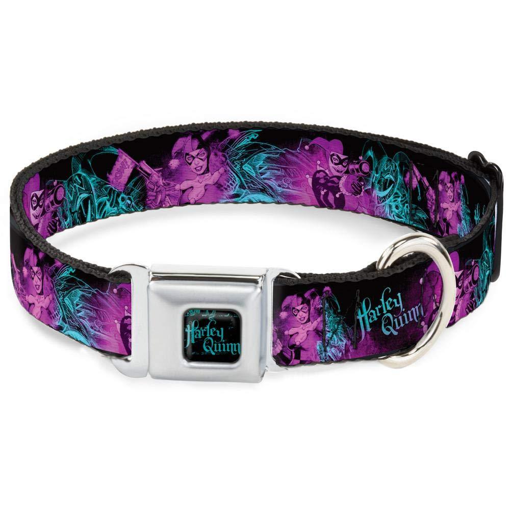 [Australia] - Buckle-Down Dog Collar Seatbelt Buckle Harley Quinn Pow Aiming Poses Joker Black Turquoise Fuchsia Available in Adjustable Sizes for Small Medium Large Dogs 1.5" Wide - Fits 18-32" Neck - Large 