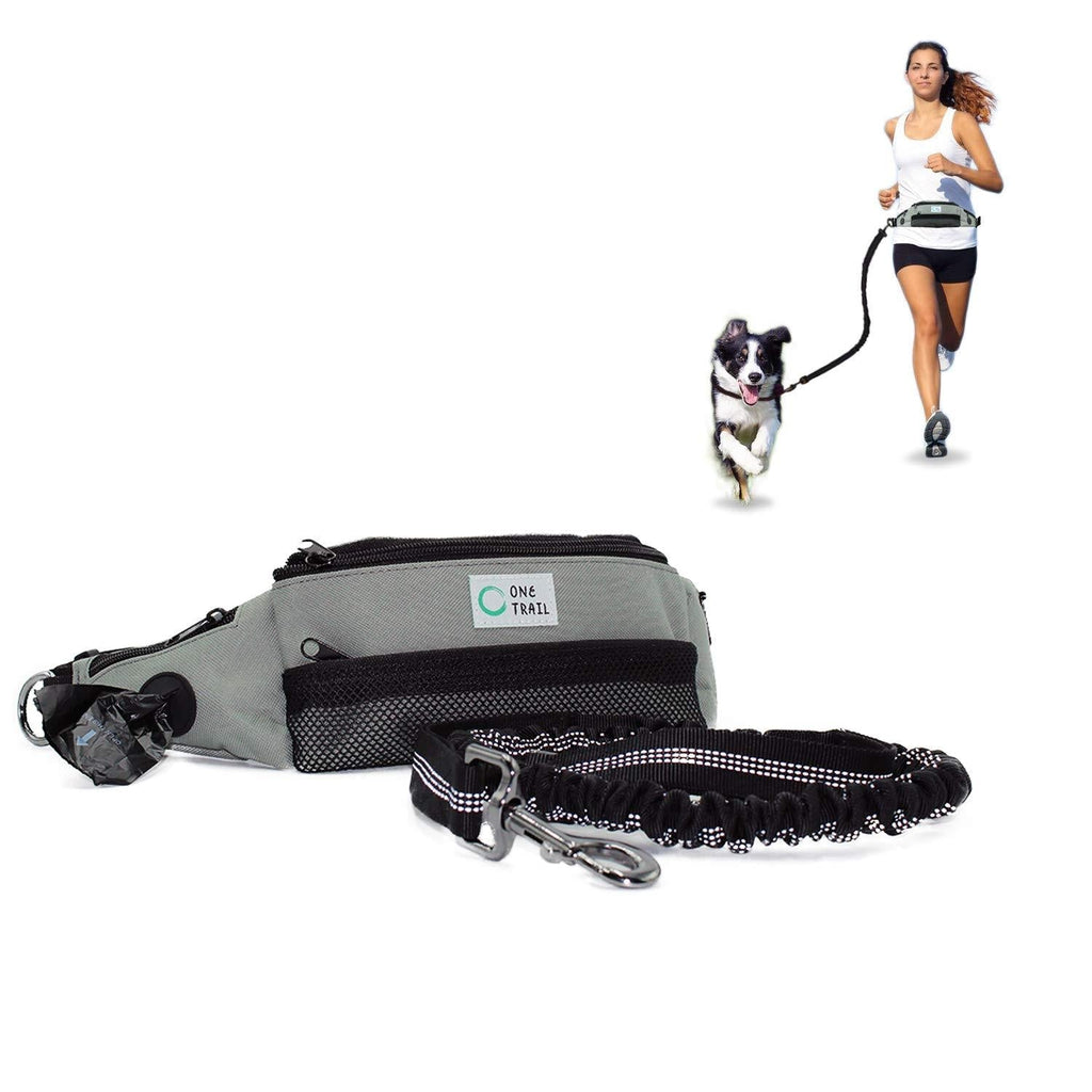 [Australia] - One Trail Hands Free Dog Leash | Durable Bungee Leash with No-Bounce Pack | for Men & Women | Pouch Fits All Large Cell Phones | Fits up to 50" Waist | Perfect for Large, Medium, Or Small Dogs Grey 