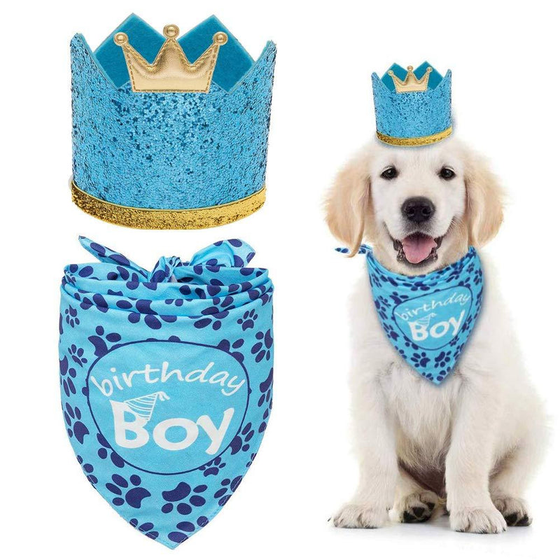 Dog Birthday Bandana with Crown Hat - Triangle Scarfs and Cute Party Hat for Pets, Blue - PawsPlanet Australia