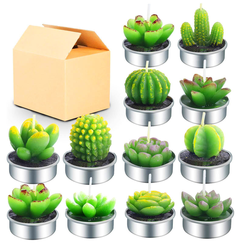 Outee 12 Pcs Cactus Tealight Candles Handmade Delicate Succulent Cactus Candles Flameless Aromatherapy 12 Designs for Birthday Party Wedding Spa - PawsPlanet Australia