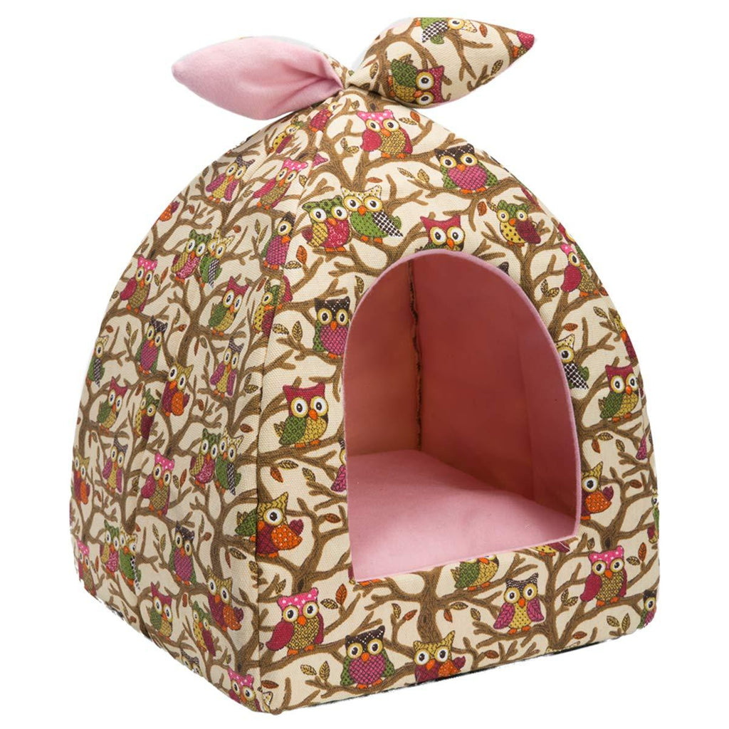 Hollypet Self-Warming 2 in 1 Foldable Comfortable Triangle Owl Cat Bed Tent House Creamy - PawsPlanet Australia