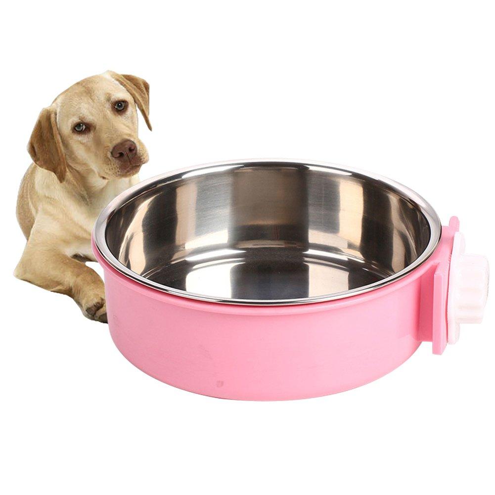 [Australia] - Luck Dawn Cat Crate Bowl, Stainless Steel Removable Cage Hanging Bowls with Bolt Holder for Dog Puppy Large Round Pink 