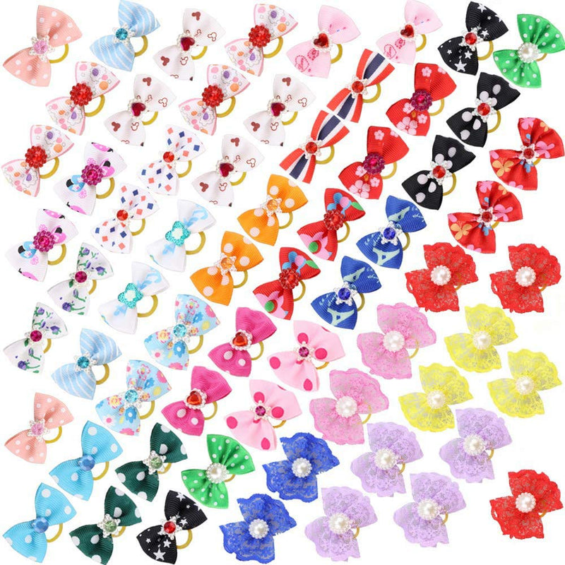 Comsmart 60Pcs Dog Bows, 30 Pairs Yorkie Dog Puppy Hair Bows with Rubber Bands & Rhinestone Pearls & Handmade Lace Fabric, Cute Pet Small Dog Hair Bowknot Grooming Accessories - PawsPlanet Australia