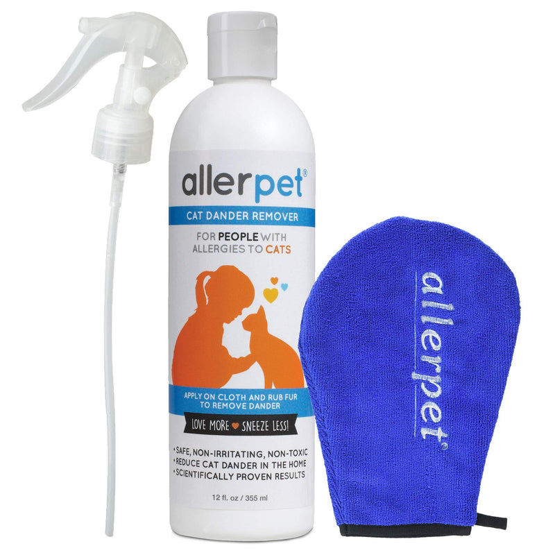 Allerpet Cat Dander Remover - 100% Non Toxic Pet Allergen Reducer - Scientifically Proven for Effective Cat Allergy Relief - Proudly USA Made (12oz) Single w/ Applicator Mitt + Sprayer - PawsPlanet Australia