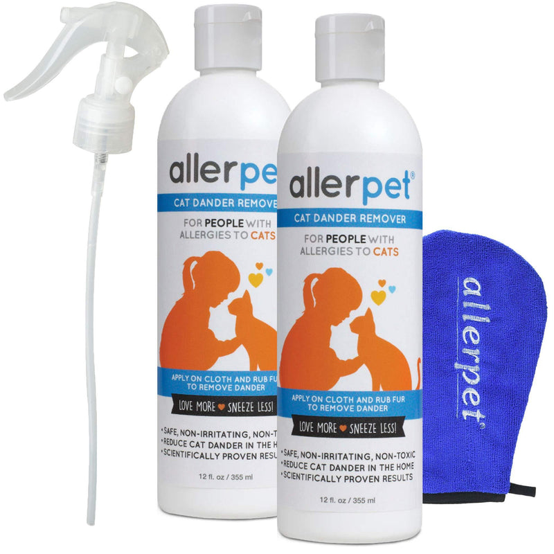 Allerpet Cat Dander Remover - 100% Non Toxic Pet Allergen Reducer - Scientifically Proven for Effective Cat Allergy Relief - Proudly USA Made (12oz) 2 Pack w/ Applicator Mitt + Sprayer - PawsPlanet Australia