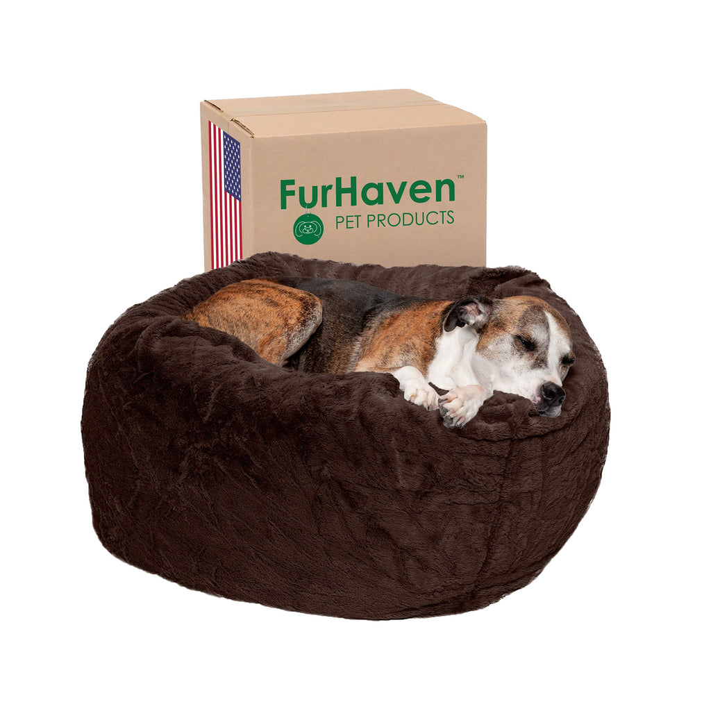 Furhaven Pet - Plush Faux Fur Calming Anti-Anxiety Donut Bed, Beanbag Style Ball Bed, Self-Warming Hi Lo Cuddler Dog Bed and More for Dogs and Cats - Multiple Colors, Sizes, and Styles Cuddly Fur Espresso Small - PawsPlanet Australia