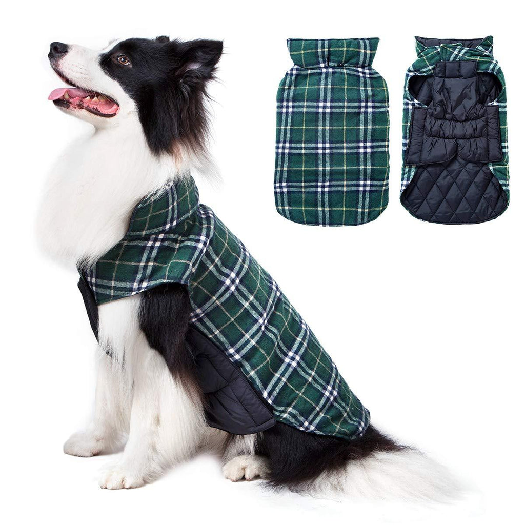 TPHC Dog Jacket Cozy Waterproof Windproof Reversible British Style Plaid Dog Vest Winter Coat Warm Dog Apparel Cold Weather Dog Small Medium Large Dogs XL(Back:16.93 inch;Chest:24.41-28.35 inch) Green - PawsPlanet Australia