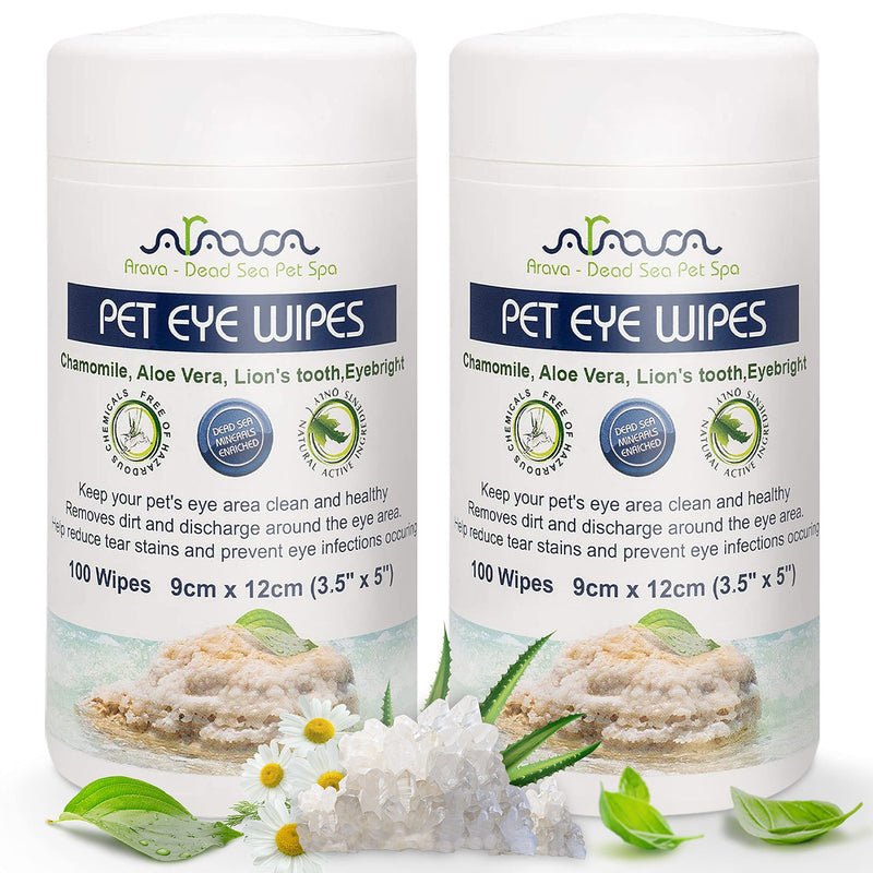 Arava Pet Eye Wipes - for Dogs Cats Puppies & Kittens - 100 Count - Natural and Aromatherapy Medicated - Removes Dirt Crust and Discharge - Prevents Tear Stain Infections & Irritations - Soft & Gentle 2 Pack Eye Wipes - PawsPlanet Australia