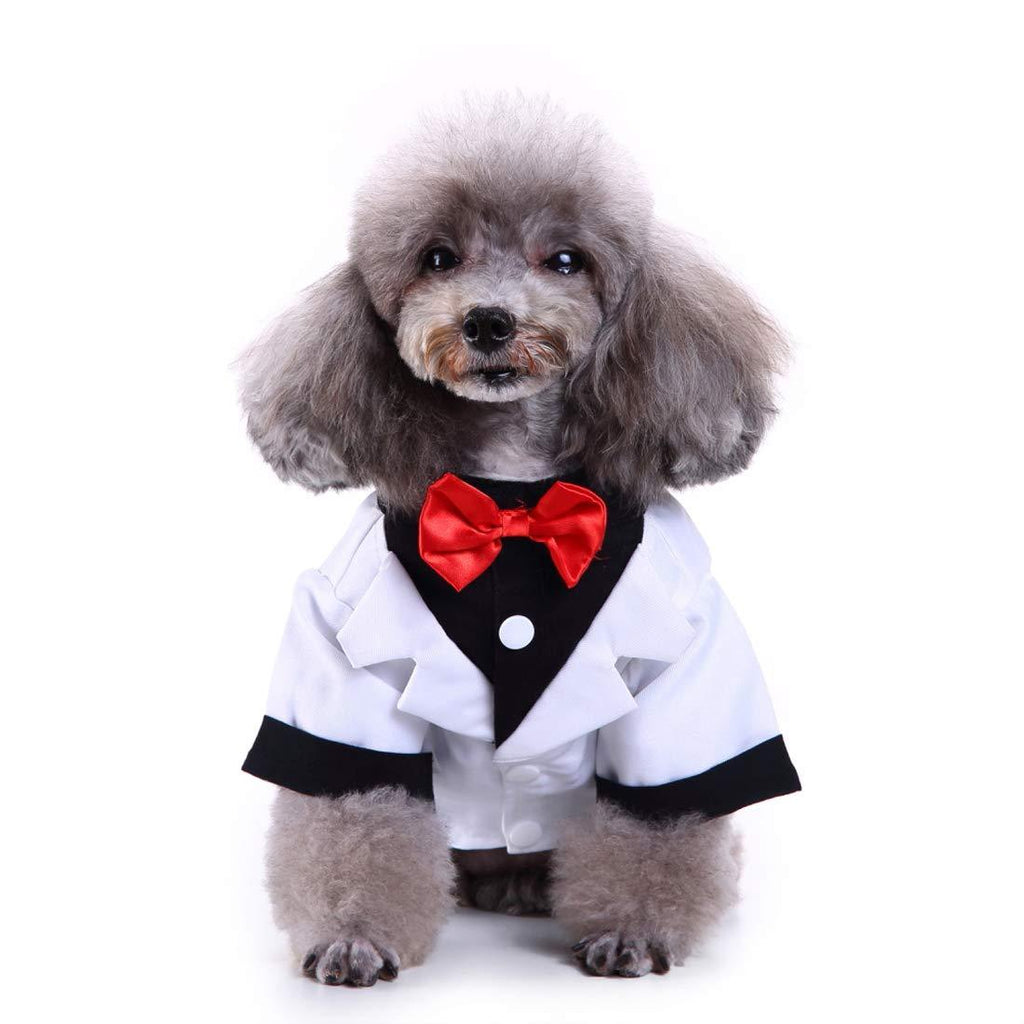 [Australia] - GabeFish Pets White Wedding Jackets Suit for Dogs with White Bow Tie Puppy Cat Formal Clothes Shirt Tuxedo White Small S (Chest 37cm/14.5") 