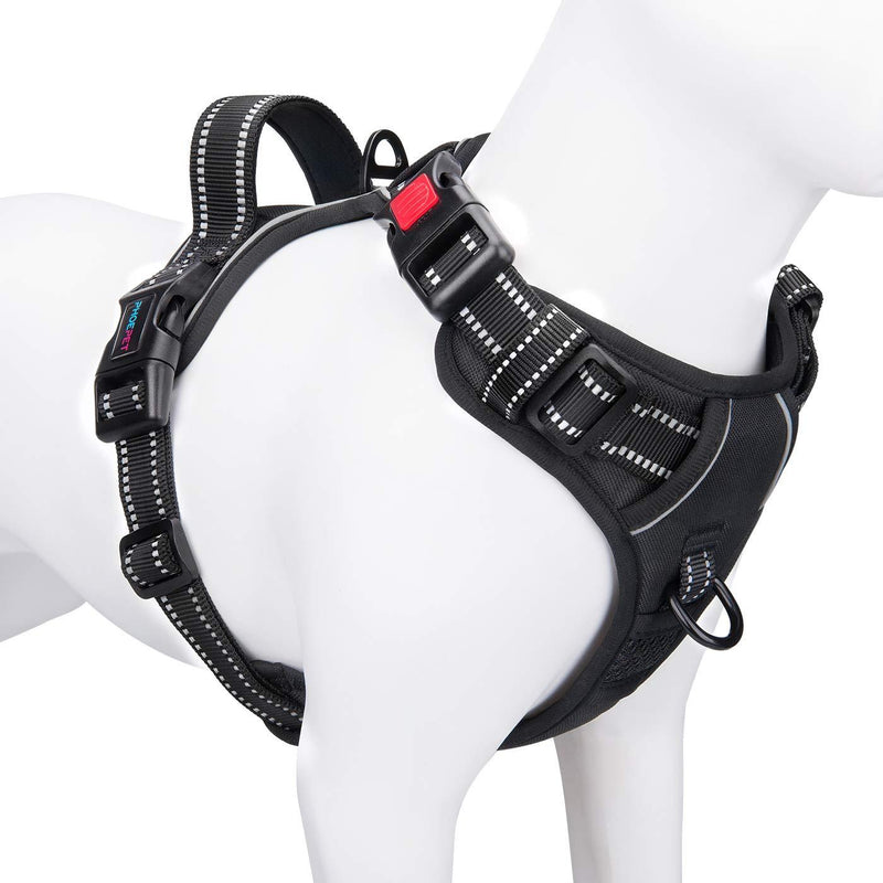 [Australia] - PHOEPET No Pull Dog Harness Reflective Adjustable Vest with a Training Handle, Name ID Pocket, 2 Metal Leash Hooks, 3 Snap Buckles [Easy to Put on & Take Off] XL Black 