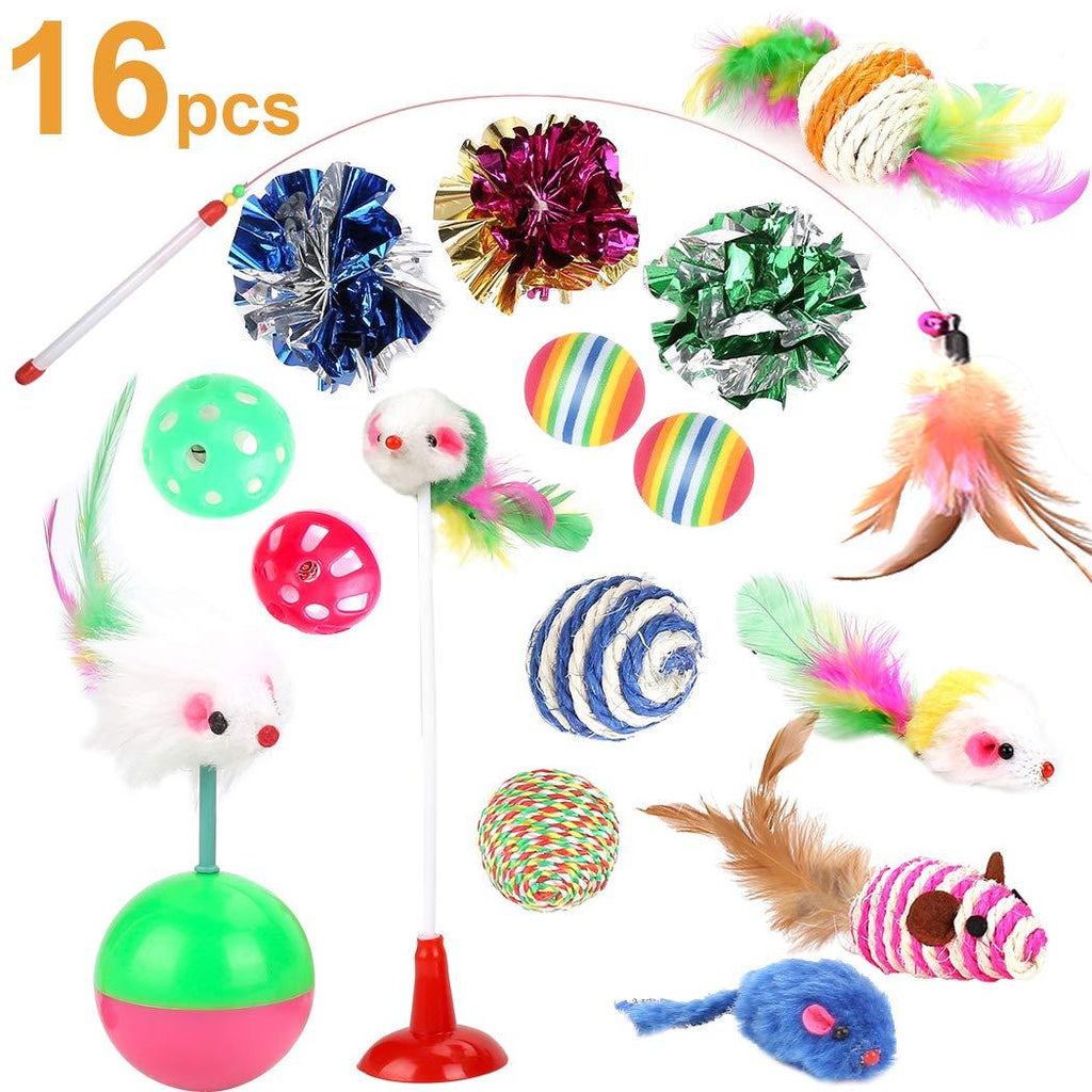 [Australia] - Cat Toys Kitten Toys Assortments, 16PCS Variety Kitty Toy Set Including Interactive Feather Teaser Toy, Mouse Tumbler, Mylar Crinkle Balls Rainbow Balls Bells Toys, for Chewing Playing (Random Color) 