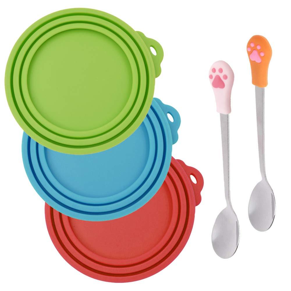 SENHAI 3 Pcs Silicone Pet Can Covers & 2 Pcs Pet Spoons, Canned Food Lid and Spoon for Dog and Cat, One Meet Three Sizes - Red Green, Light Blue - PawsPlanet Australia