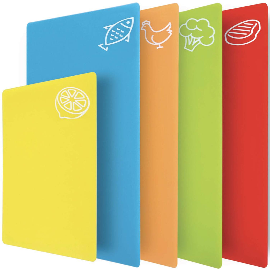 Gorilla Grip Original Set of 5 Flexible Plastic Cutting Boards, 4 Large Plus Small Board, Gripped Backing, Dishwasher Safe, Non Porous, Durable Chopping Mats, Food Icons, Multi Color Multi (Green, Blue, Orange, Red, Yellow) - PawsPlanet Australia