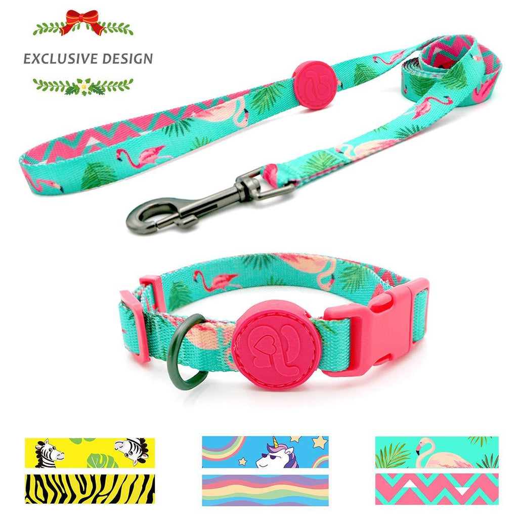 [Australia] - azuza Dog Collar and Leash Set, Fun Patterns Collar with Matching Leash, Animal Carnival Collection for Small Medium and Large Dogs S (Neck: 11"-16") Flamingo 