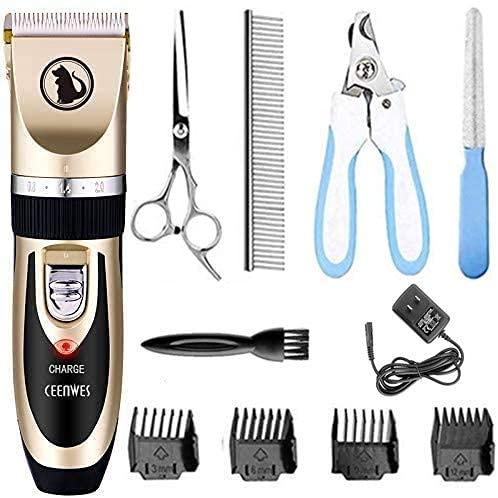 Ceenwes Dog Clippers Low Noise Pet Clippers Rechargeable Dog Trimmer Cordless Pet Grooming Tool Professional Dog Hair Trimmer with Comb Guides Scissors Nail Kits for Dogs Cats & Other(Gold) Gold - PawsPlanet Australia