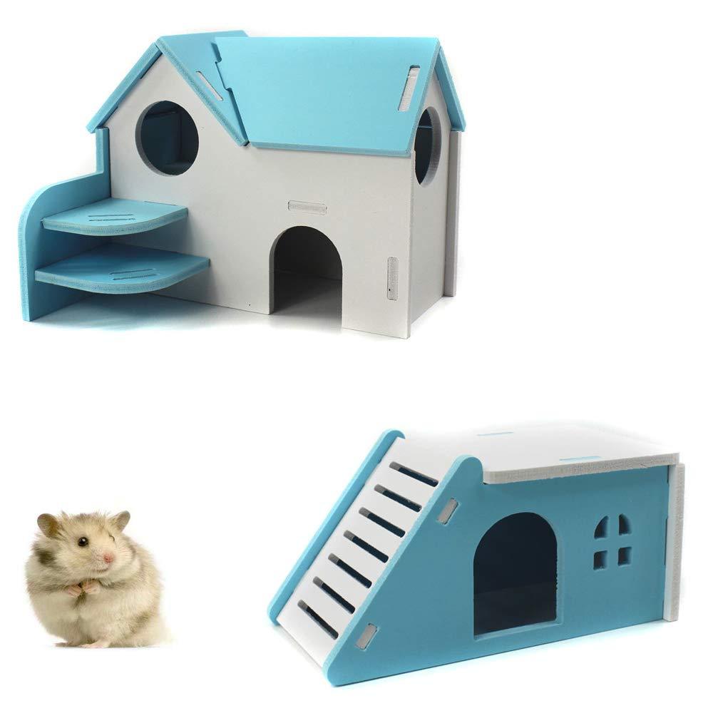 [Australia] - PIVBY Hamster Hideout House Wooden Living Hut Exercise Funny Nest Toy for Mouse, Chinchilla, Rat, Gerbil and Dwarf Hamster-2 Packs Blue 