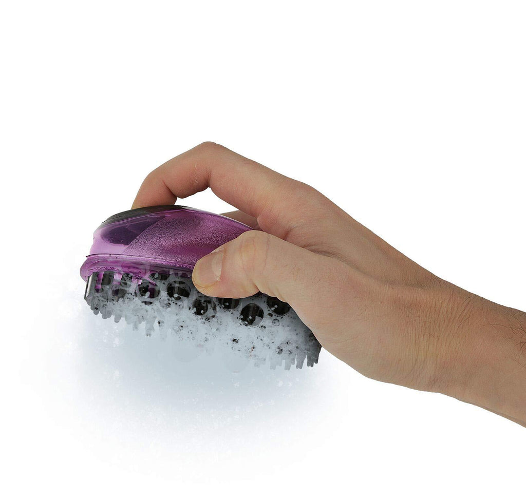 [Australia] - Poodle Pet Pet Brush Dog Soap and Shampoo Dispenser for Daily Grooming | Rinses Coat While Removing Lint and Shed Hair |for Short or Medium Hair | Soft Rubber Bristles Gentle on Skin | Purple 