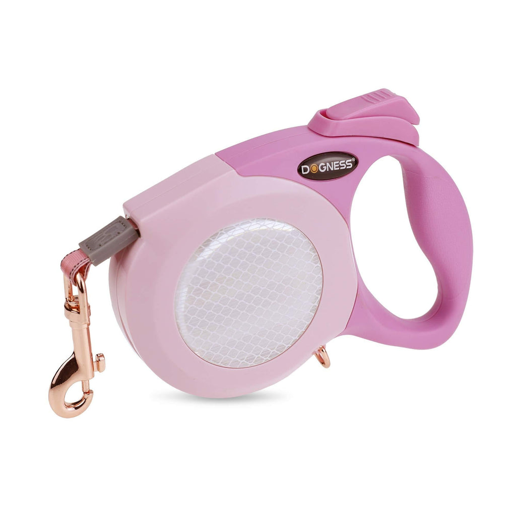 [Australia] - DOGNESS Reflective Retractable Dog Leash, One Button Brake & Lock Anti-Slip Handle, Strong Nylon Ribbon Tape, 13-19 ft Long Dogs, Three Colors Reflective Sticker 13 ft / up to 55 lbs Pink 