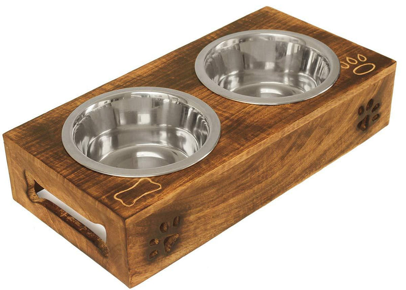 [Australia] - Dog Cat Pet Feeder Station | Wood | Wooden Raised Elevated Feeder | Removable Double Stainless Steel Bowl | Food & Water Dispenser | Puppy Pet Accessories | Non Spill | Indoor Outdoor | Feeding Bowl 